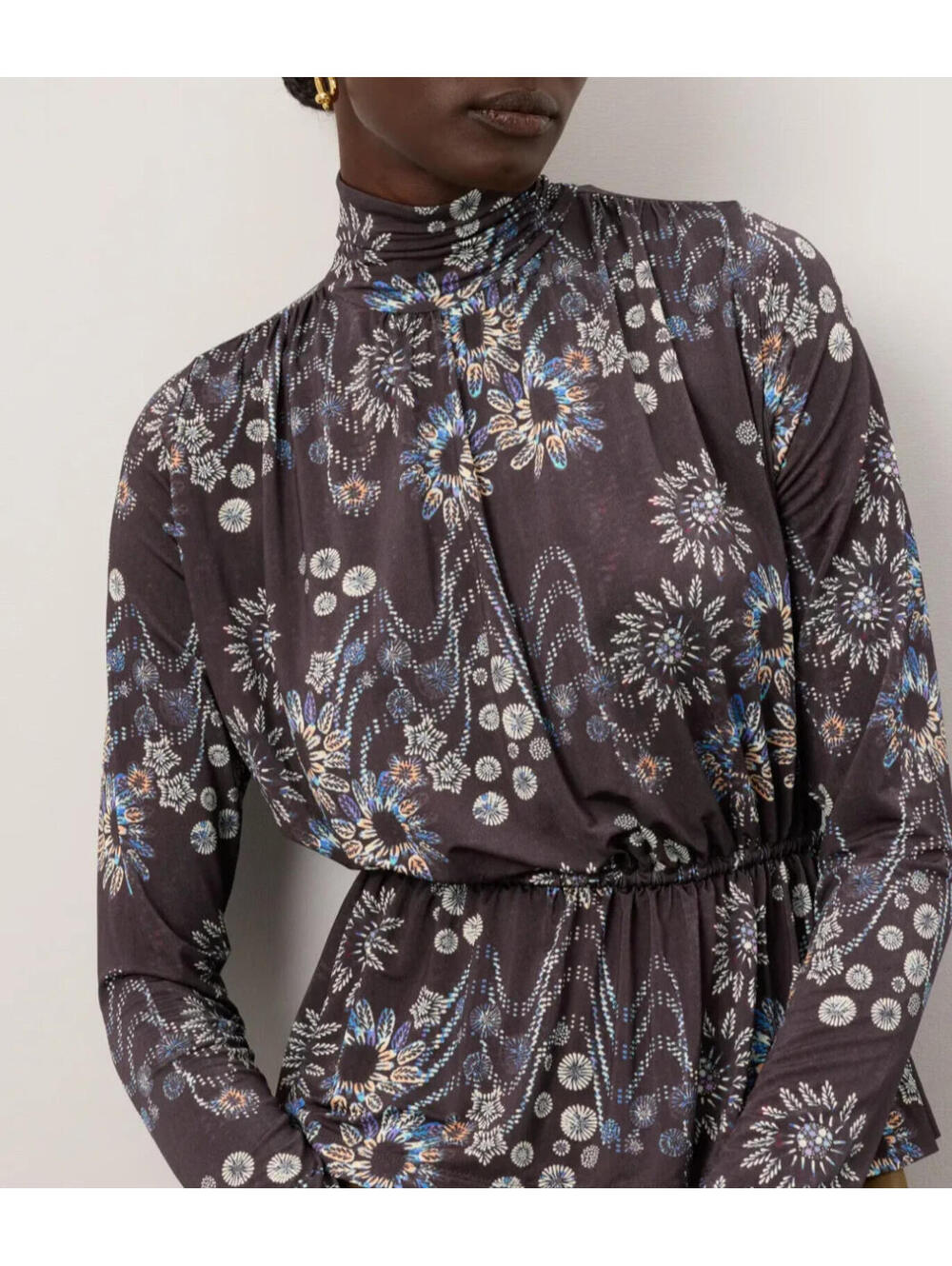 Marie Oliver Elsa Brown Floral Blouse w/ Adjustable Waist & Mock neck - SM